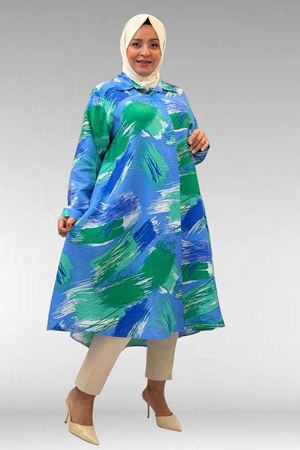 68015 Büyük Beden Mevlana Kesim Mango Gömlek - Desenli Mavi