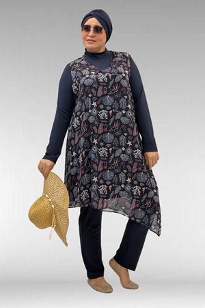 1723 Büyük Beden Uzunkol Şifon Pareolu Tesettür Mayo - Karışık Desen Laci-Laci