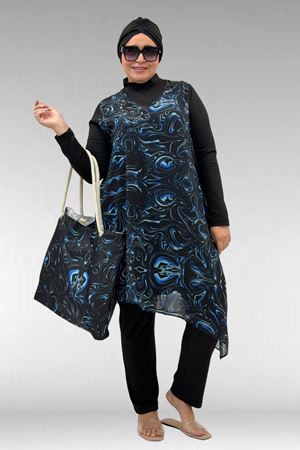 1723 Büyük Beden Uzunkol Şifon Pareolu Tesettür Mayo - Aqua Mavi