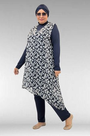 1723 Büyük Beden Uzunkol Şifon Pareolu Tesettür Mayo - Yaprak Desen Ekru-Laci