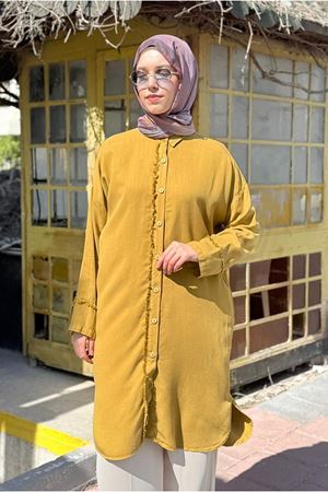 26Y7086 - YAĞ YEŞİLİ -  UZUN PÜSKÜL DETAY MODAL GÖMLEK