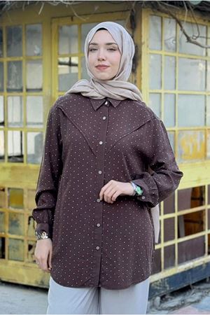 26Y6510 - KAHVE - TAŞLI TENCEL GÖMLEK 