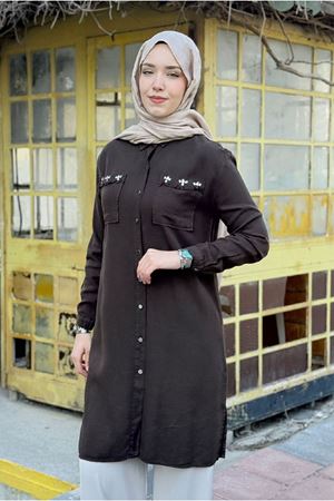 26Y6525 - ACI KAHVE - TAŞLI PÜSKÜL DETAY UZUN MODAL  GÖMLEK