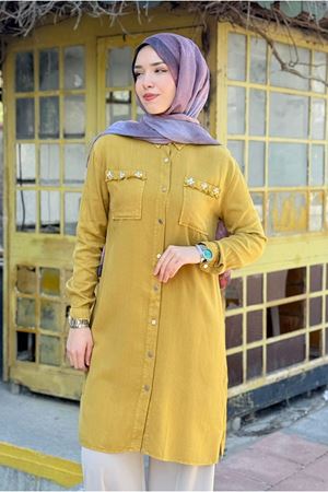 26Y6525 - HARDAL - TAŞLI PÜSKÜL DETAY UZUN MODAL GÖMLEK