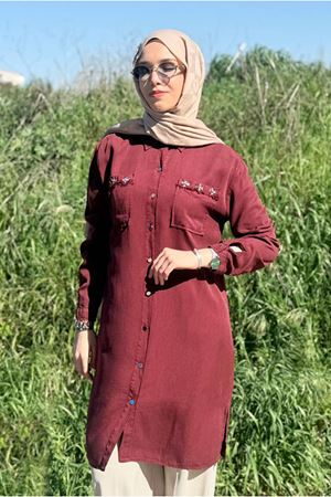 26Y6525 - BORDO- TAŞLI PÜSKÜL DETAY UZUN TENCEL GÖMLEK 