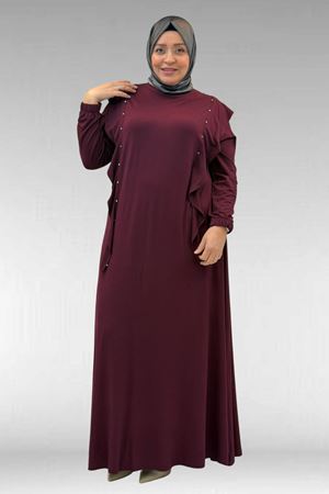 62003 Büyük Beden Omuzdan Aşağı Fırfır Detaylı Penye Elbise - Bordo