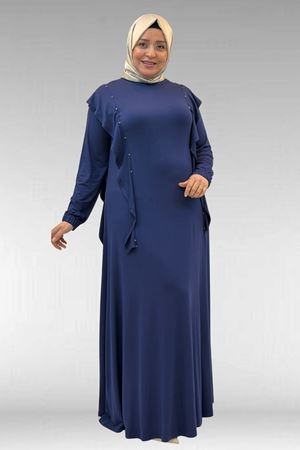 62003 Büyük Beden Omuzdan Aşağı Fırfır Detaylı Penye Elbise - İndigo
