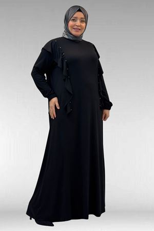 62003 Büyük Beden Omuzdan Aşağı Fırfır Detaylı Penye Elbise - Siyah