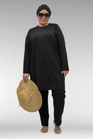 1741 Büyük Beden Kıstırma Biyeli Tesettür Mayo - Siyah