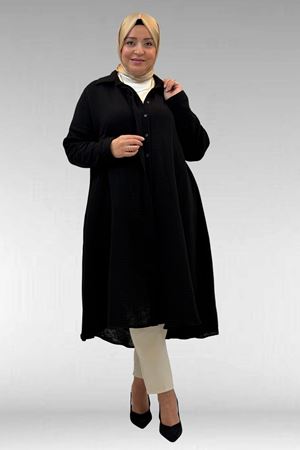 58093 Büyük Beden Mevlana Kesim Müslin Gömlek - Siyah