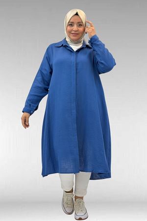 58093 Büyük Beden Mevlana Kesim Müslin Gömlek - İndigo