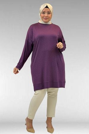 68001 Büyük Beden Önü Taş Baskı Detaylı Penye Tunik - Mürdüm