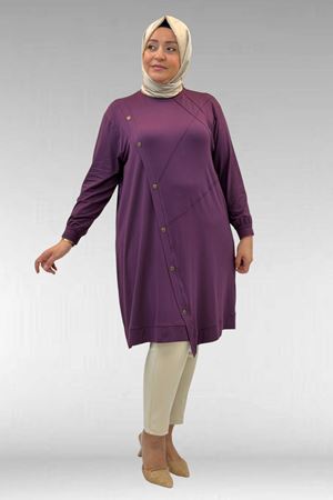 68006 Büyük Beden Pat Üzeri Düğme Detaylı Penye Tunik - Mürdüm