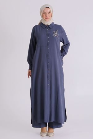 26YV3561 - DUMAN MAVİ - Büyük Beden Tesettür Pantolonlu Takım 