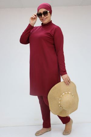 1738 Büyük Beden Uzunkol Tesettür Mayo - Bordo