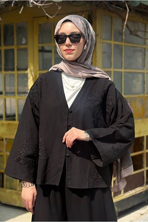26Y7234 - SİYAH - NAKIŞLI V YAKA CEKET