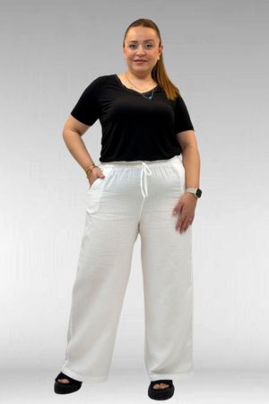 59021 Büyük Beden Beli Lastikli Müslin Bol Paça Pantolon - Ekru