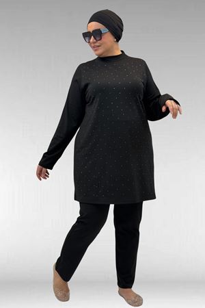 1739 Büyük Beden Önü Taş Baskılı Uzunkol Tesettür Mayo - Siyah