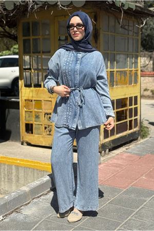 26Y6624 - KOT MAVİ - TENCEL KOT BAĞLAMALI TAKIM