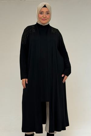 53069 Büyük Beden Omzu Taş Detaylı Penye Ceket - Siyah