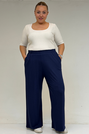 39000 Büyük Beden Yüksek Beli Lastikli Bol Paça Penye Pantolon - İndigo