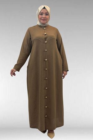 66003 Büyük Beden Boydan Düğmeli Keten Ferace - Vizon