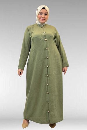 66003 Büyük Beden Boydan Düğmeli Keten Ferace - Haki