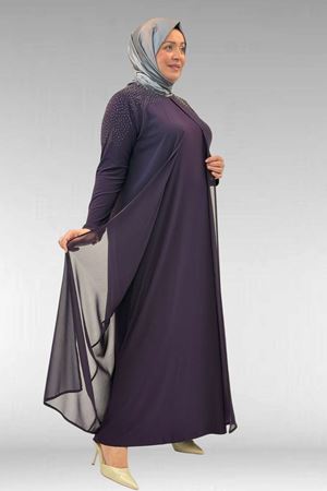 42003 Büyük Beden Taş Detaylı Sandy-Şifon Elbise - Mor