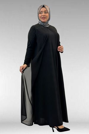 42003 Büyük Beden Taş Detaylı Sandy-Şifon Elbise - Siyah