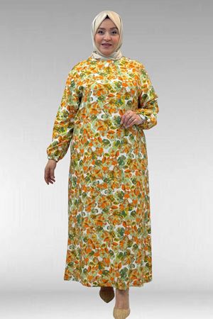 62007 Büyük Beden Kolu Lastikli Elbise - Çiçek Desen Yeşil