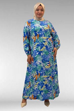 62007 Büyük Beden Kolu Lastikli Elbise - Desenli Saks