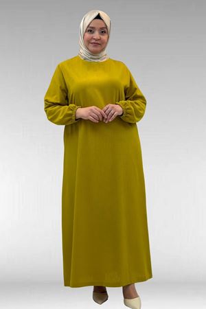 62007 Büyük Beden Kolu Lastikli Elbise - Yağ Yeşili