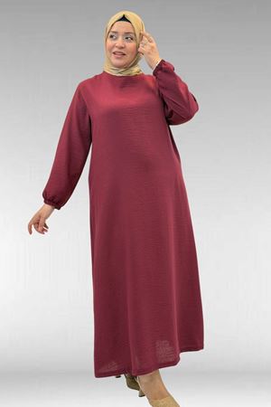 62007 Büyük Beden Kolu Lastikli Elbise - Bordo