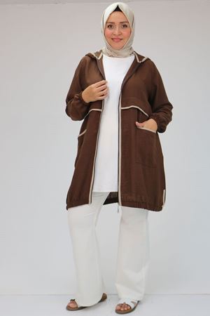 43032 Büyük Beden Biye Detaylı  Keten Kap - Kahve