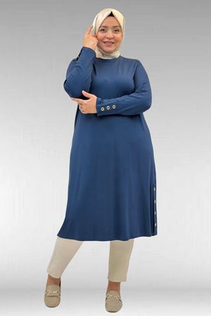 68029 Büyük Beden Yanları Kuşgözü Detaylı Penye Tunik - Petrol