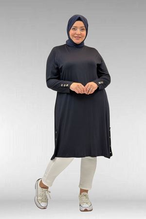 68029 Büyük Beden Yanları Kuşgözü Detaylı Penye Tunik - Koyu Lacivert