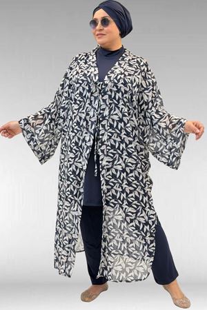 1735 Büyük Beden Garni Detaylı Pareo - Yaprak Desen Ekru