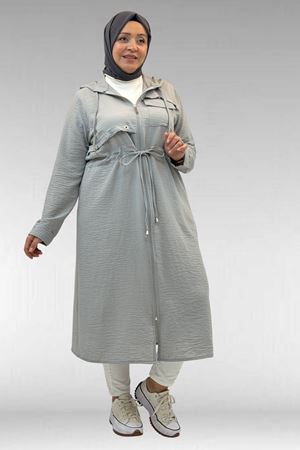 63008 Büyük Beden Kuşgözü Detaylı Keten Kap - Gri