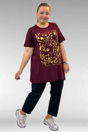 68502 Büyük Beden  Yakası Biyeli Önü Baskılı Penye Tişört - Bordo