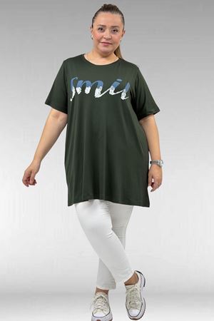 68503 Büyük Beden Yakası Biyeli Baskılı Penye Tişört - Haki