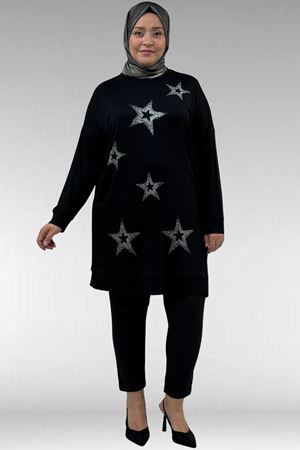 68027 Büyük Beden Yıldız Taş Baskılı Penye Tunik - Siyah