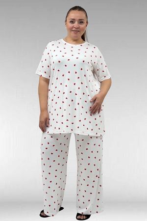 67801 Büyük Beden Kısakol Desenli  Pijama Takımı - Kırmızı Kalp Desenli