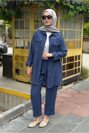 26Y6668 - İNDİGO - MODAL TUNİK  YELEK VE PANTOLON TAKIM 
