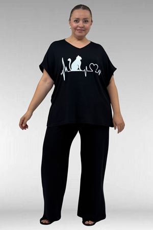 67804 Büyük Beden Yanı Yırtmaçlı Penye Pijama Takımı - Siyah
