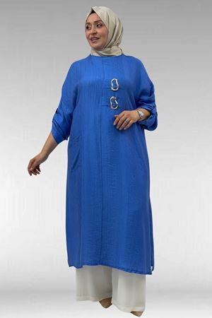 68043 Büyük Beden Toka Detaylı Double Tensel Tunik - İndigo