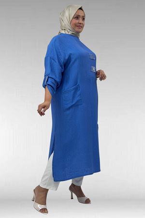 68044 Büyük Beden Taş Baskı Detaylı Double Tensel Tunik - İndigo