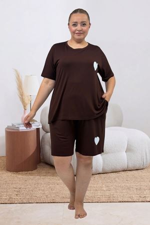 67807 Büyük Beden Baskılı Şort-Tişört Pijama Takımı - Kahve