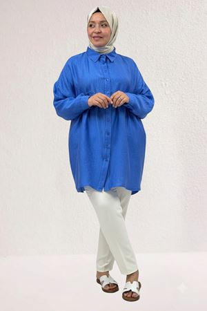 68069 Büyük Beden Büzgü Detaylı Double Tensel Tunik - İndigo