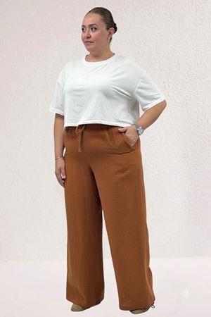 59021 Büyük Beden Beli Lastikli Müslim Bol Paça Pantolon - Tarçın