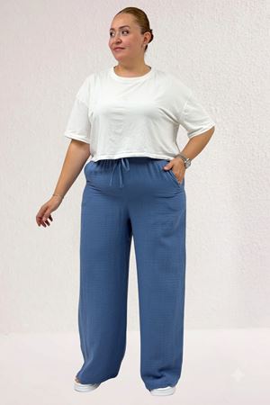 59021 Büyük Beden Beli Lastikli Müslim Bol Paça Pantolon - Soğuk Mavi